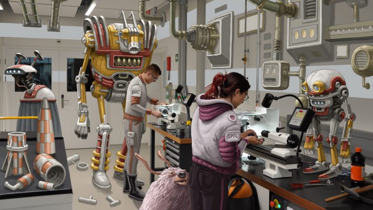Un dessin montrant un laboratoire de l'EPFL rempli de robots dessinés à la main © EPFL / Corridor Cosmique, 2022