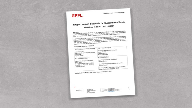 Un rapport d'activité de l'Assemblée d'Ecole posé sur une fausse table en pierre