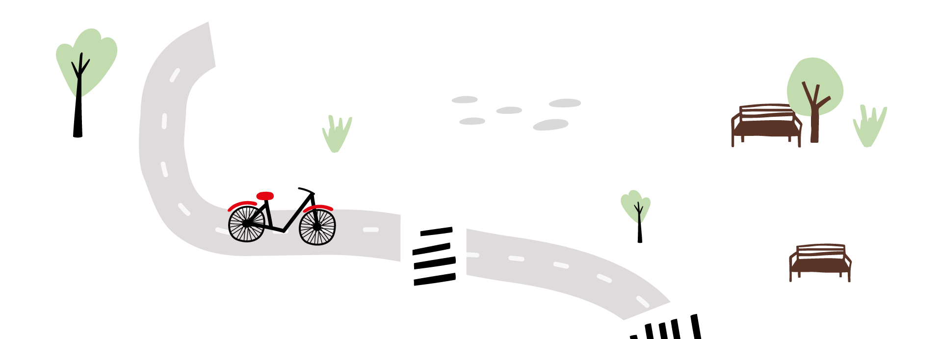 Illustration représentant une route et un vélo roulant dessus. Des arbres et des bancs complètent le paysage