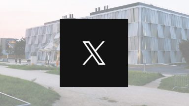 Logo du réseau social X. En arrière-plan, une vue du bâtiment MED