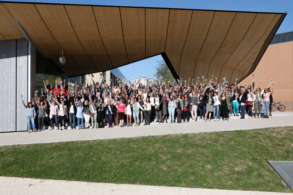 Group of employees at EPFL near ArtLAB