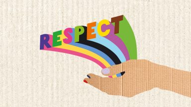 Visuel pour la campagne Respect de l'EPFL: une main tenant un arc-en-ciel avec le mot "respect"