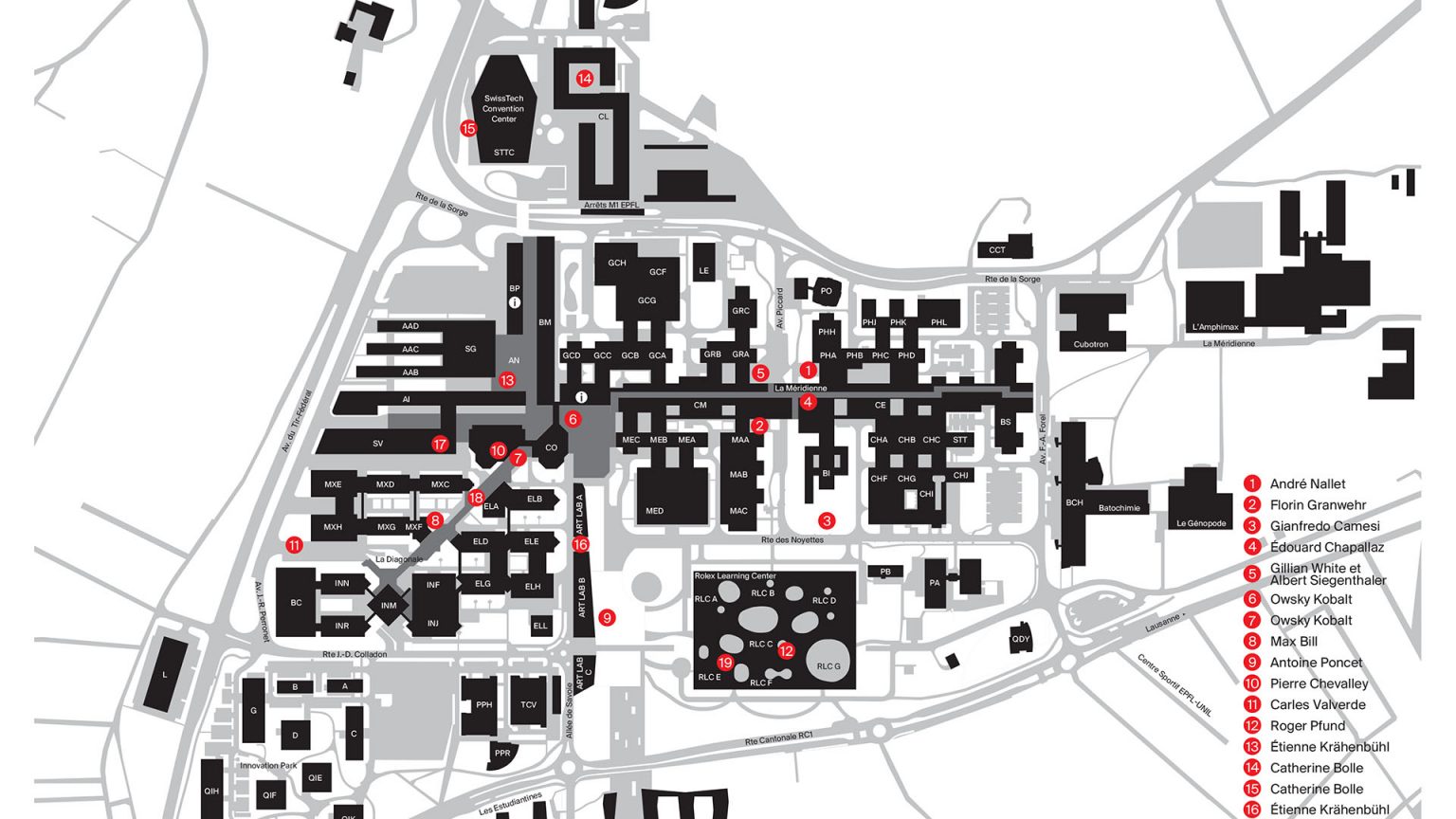 Plan de situation des oeuvres d'art fixes du campus EPFL.