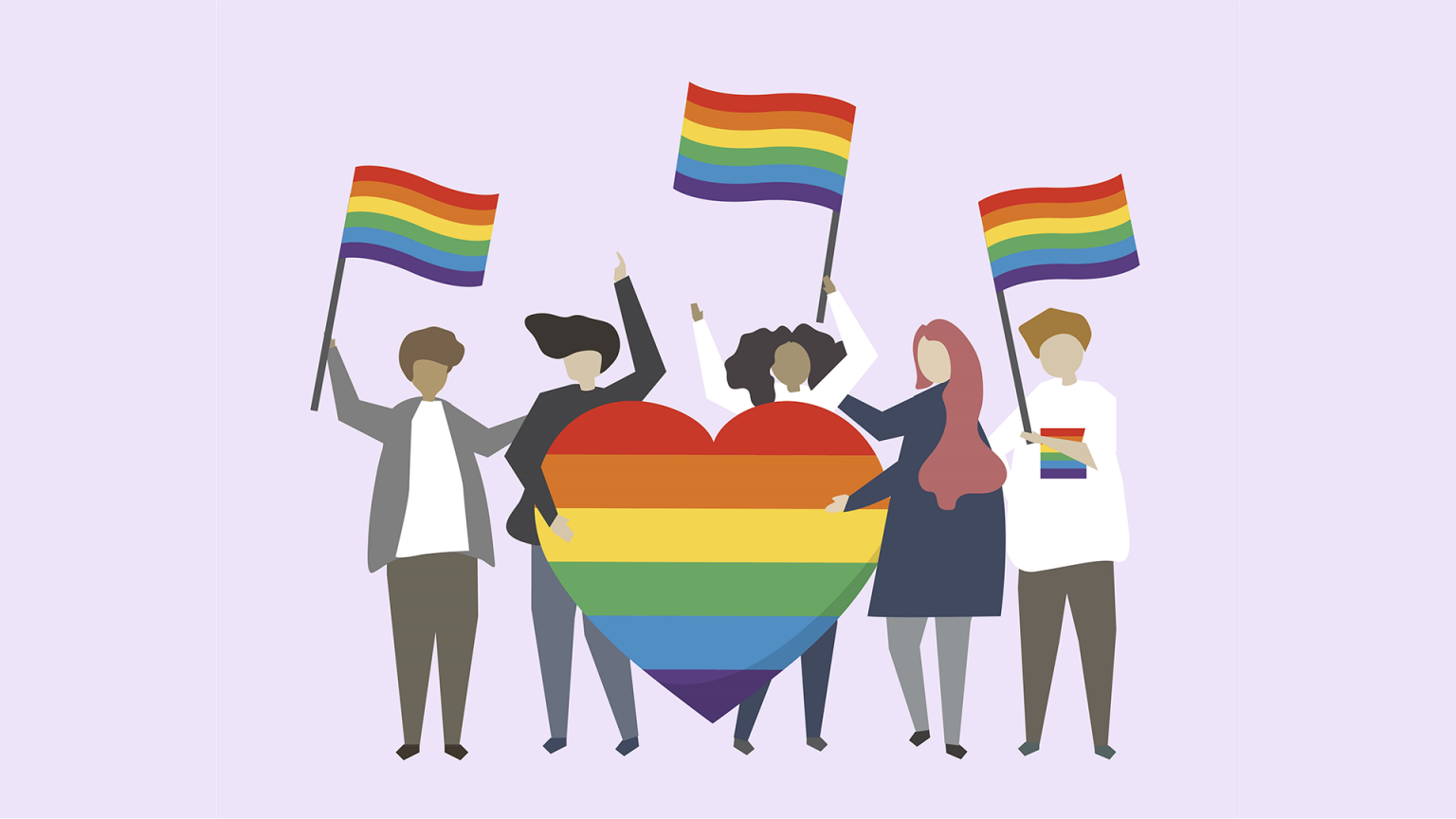 Un groupe de personnes arborant un coeur des drapeaux aux couleurs LGBTIQ+