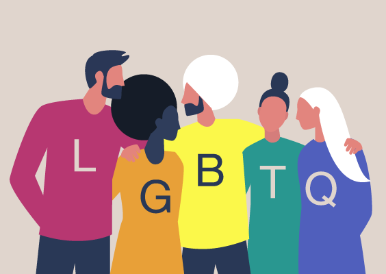 Un dessin représentant des personnes portant des t-shirts avec les initiales LGBTQ