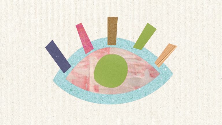 Un dessin d'un oeil avec des cils de plusieurs couleurs © Etienne Etienne