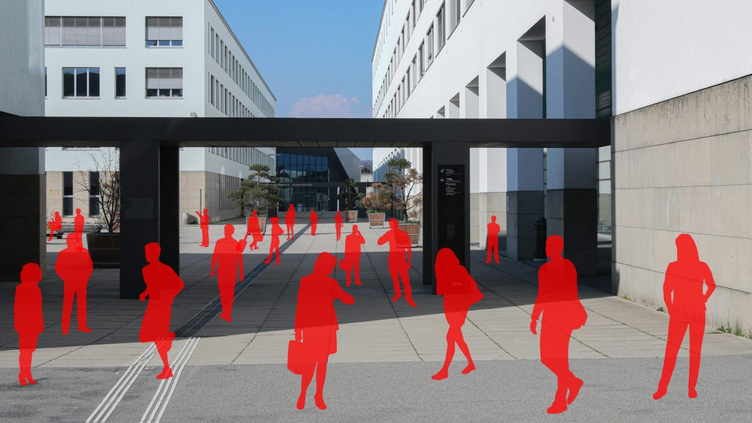 Photomontage de silhouettes sur le campus © Alain Herzog + Mediacom/SI / EPFL, 2022
