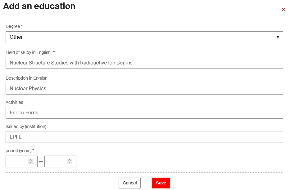 Education form on people profile