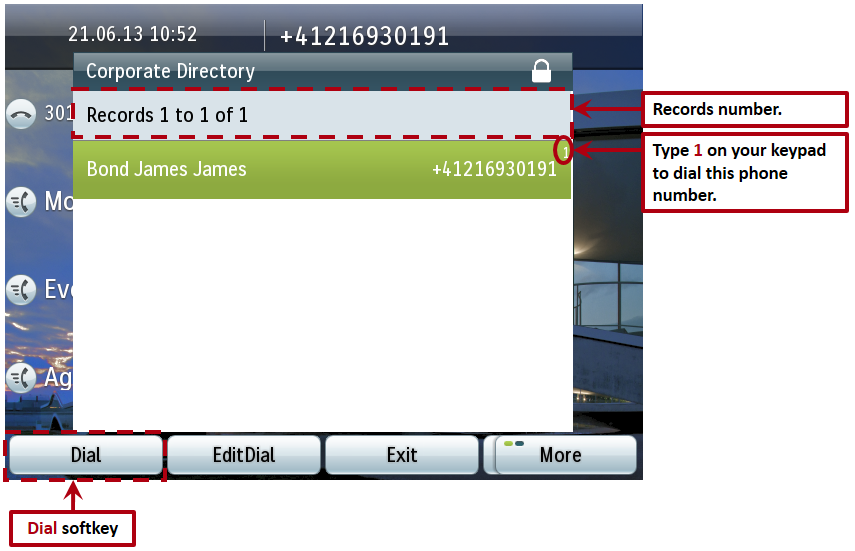 Dials a contact from Corporate directory