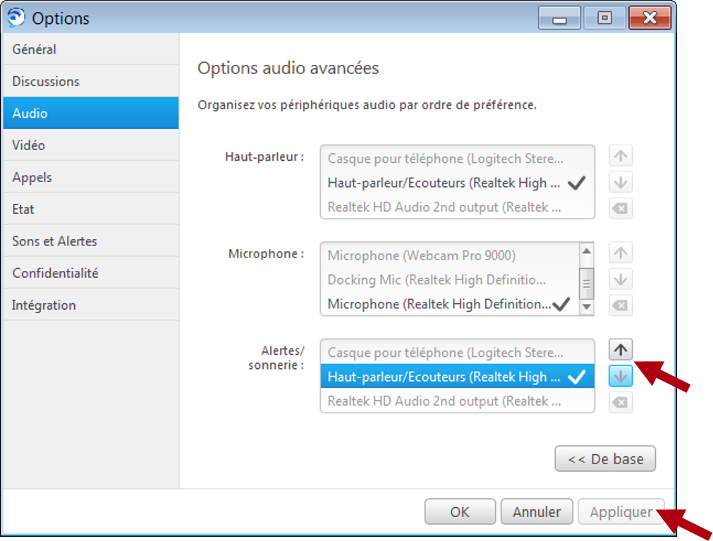 Printscreen réglages audio avancé