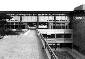 Le photographe se trouve face au bâtiment du département des mathématiques situé le long de l’axe de circulation est-ouest. Au-dessus de cet axe se trouve une façade vitrée ornée du toit en treillis métallique. Sur la droite, le bâtiment continu avec une façade en aluminium.