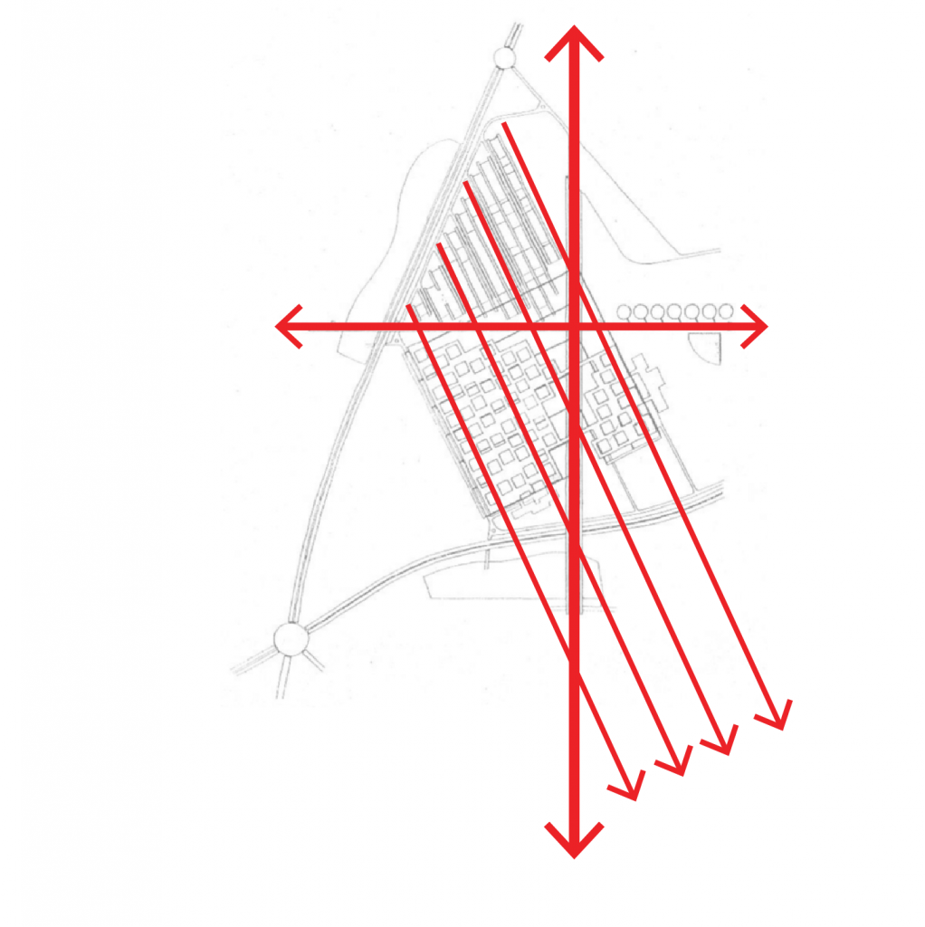 Mise en évidence des axes principaux et secondaires par des flèches rouges sur le plan tessinois.