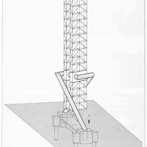 Dessin technique en axonométrie de la sculpture Jocky 27 d’André Nallet et de ses structures porteuses.
