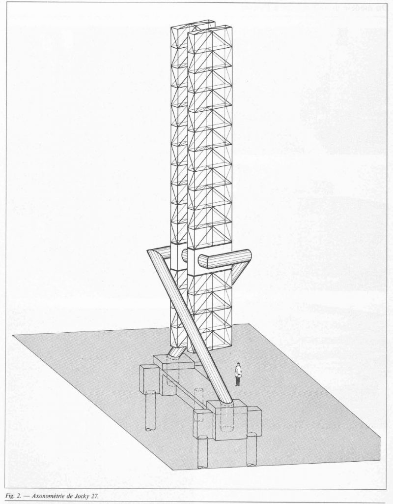 Dessin technique en axonométrie de la sculpture Jocky 27 d’André Nallet et de ses structures porteuses.