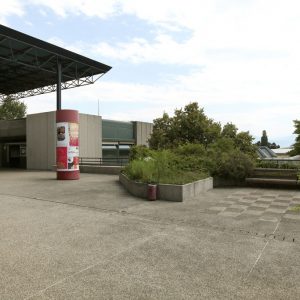 La photographie est prise depuis une des terrasses extérieures surélevée de l’école. Sur la gauche, on voit la fin de la toiture métallique. Sur la droite on voit de la végétation et des bancs.