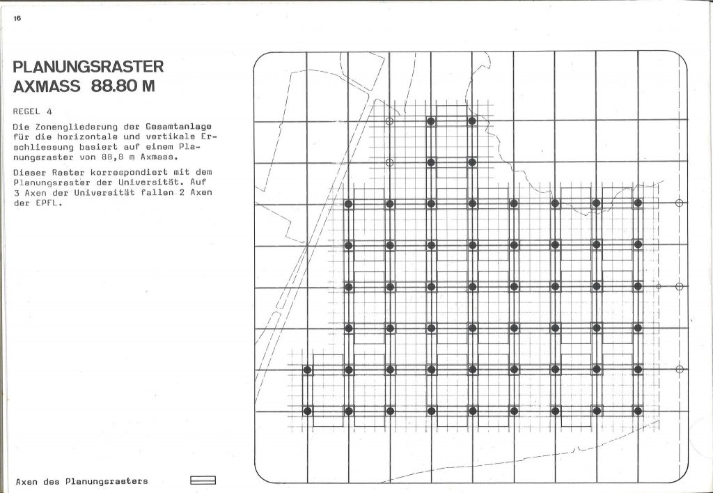 Plan avec une grille en pointillés illustrant l’organisation modulaire de l’EPFL.