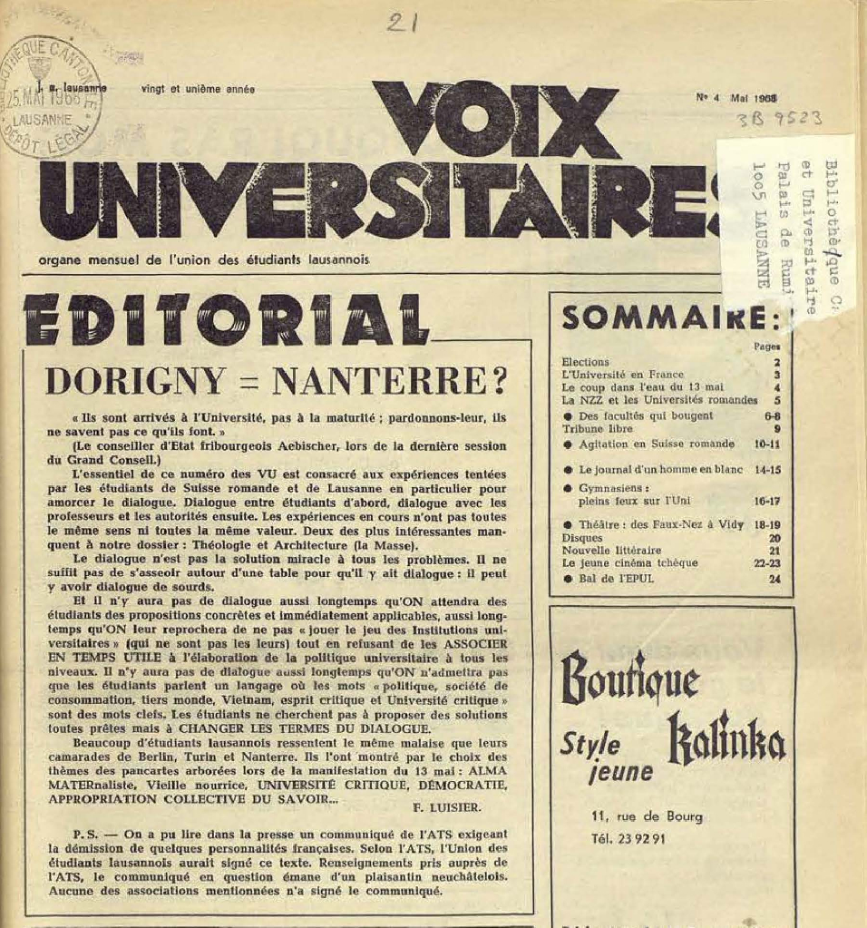 La première page du journal Voix Universitaires de mai 1968.