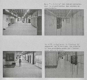 Reportage photographique montrant la circulation dans les couloirs de l’EPFL (à gauche) et proposant des améliorations sous forme de dessins (à droite).