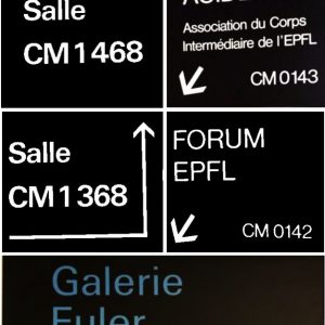 Diverses photographies de panneaux visibles dans les couloirs de l’EPFL en 2019.