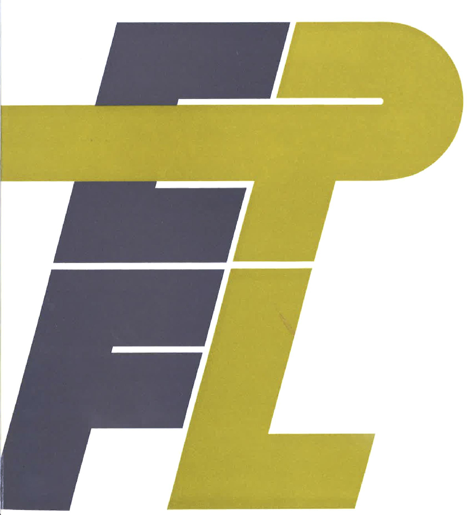 Logo de l’EPFL en couverture d’une brochure de 1971. Les lettres EP et FL sont présentées en deux lignes. Les lettres E et F sont de couleur grise tandis que le P et L sont de couleur jaune. Une ligature relie la lettre P et la lettre E.