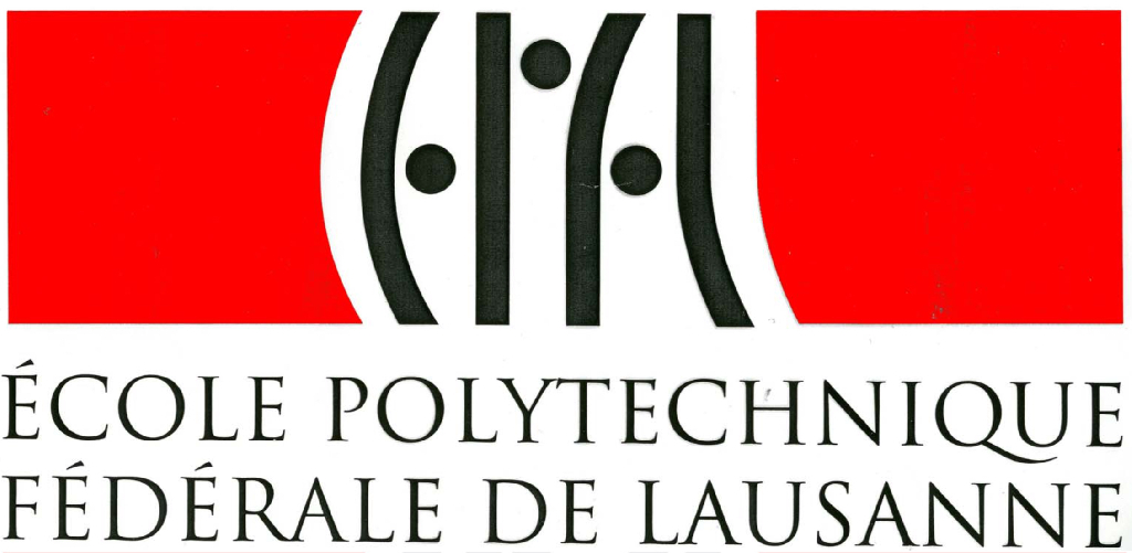 Première version en rouge et noir du logo de l’EPFL en 1993, avec une typographie évoquant le code binaire utilisé en informatique.