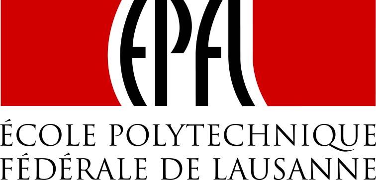 Logo de l’EPFL de 1994 en rouge et noir, avec lettres souples pour le sigle et police Trajane avec empattements pour l’appellation complète de l’institution.