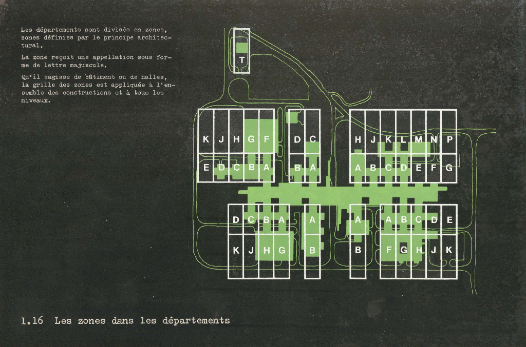 Plan dessiné en vert sur fond noir avec indications des zones.