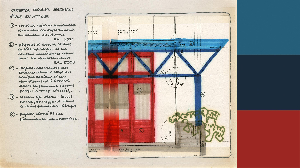 Document d'archive montrant une élévation type des différentes parties de la terrasse, et accompagné des couleurs RAL correspondantes à celles du dessin : 5011 (bleu acier), 3002 (rouge carmin) et 5009 (bleu azur).
