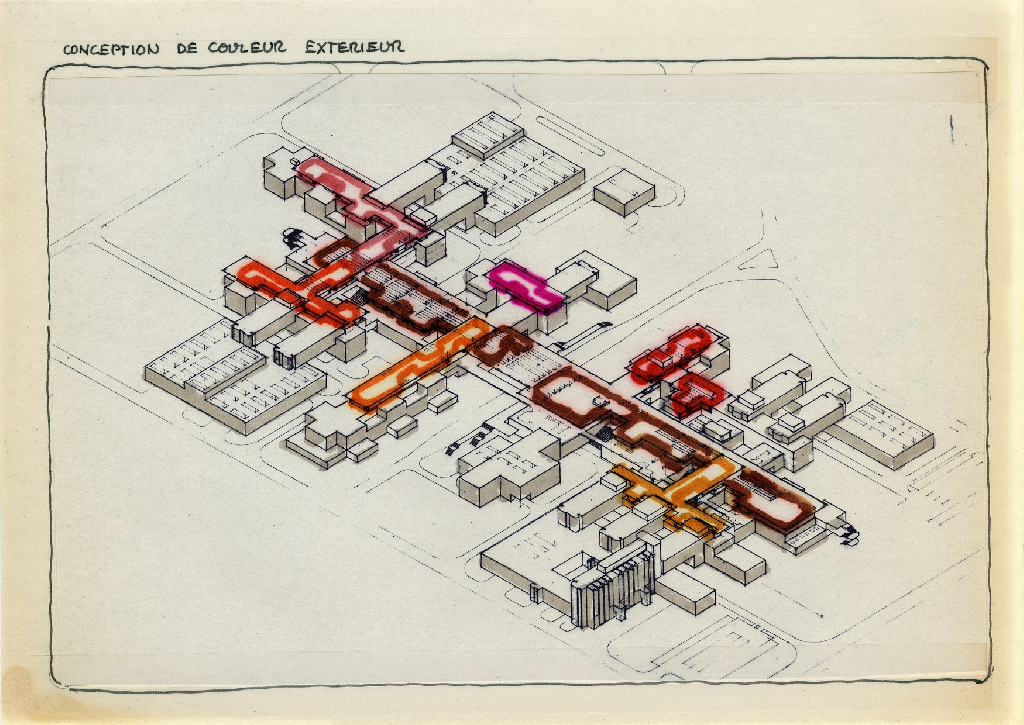 Document d'archive montrant une axonométrie de l'EPFL dont une partie des niveaux supérieurs est colorée des teintes RAL.