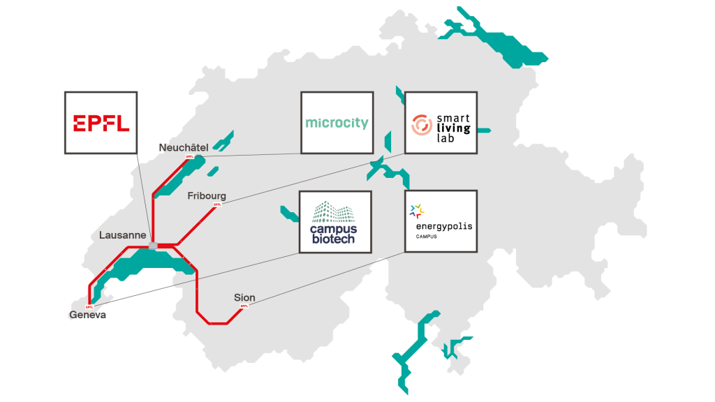 Carte de la Suisse avec les différents campus de l'EPFL signalés: Lausanne, Genève, Neuchâtel, Fribourg et Sion