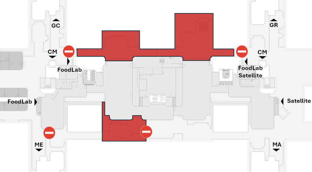 Plan de la première phase des travaux du CM, au 2e étage. L'accès par le nord (devant le Foodlab et Satellite) est bloqué. Idem au sud entre le ME. et le MA. Les entrées au FoodLab et Satellite se font sur les côtés.