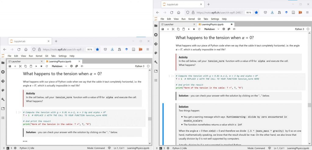 Jupyter Notebooks - On the left side, an activity with the solution hidden as indicated by the triple dots “...”, on the right side the same activity with the solution uncovered.