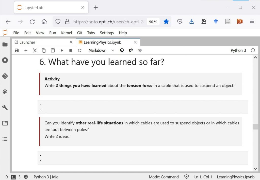 jupyter notebooks - Including reflection questions into a notebook, along with empty raw cells for students to take notes of their answers.
