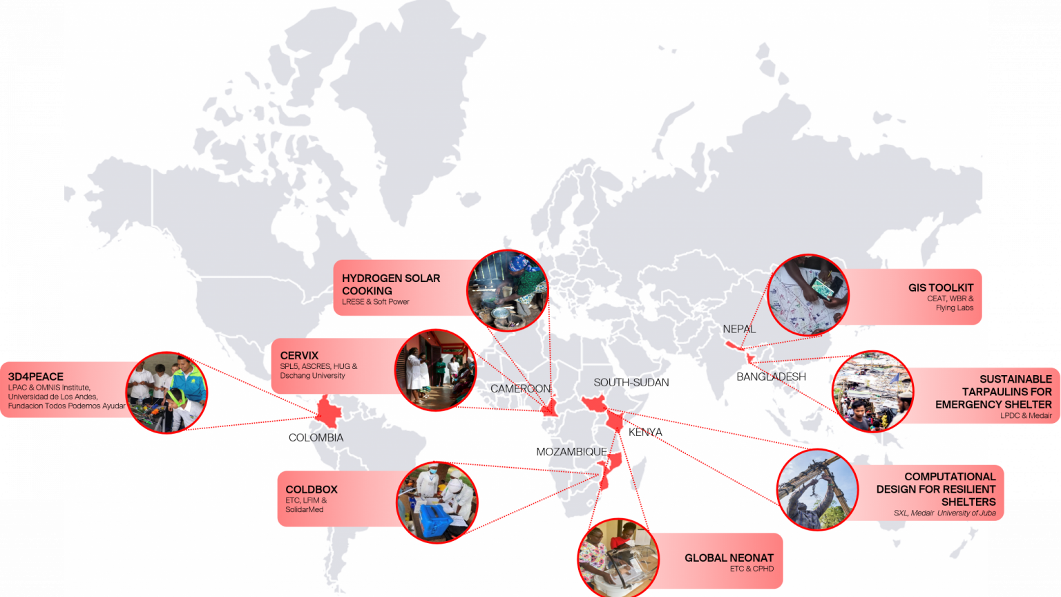 (Map) Optimize map visualization for global program projects, each represented by country pins, enhancing international visibility and regional project distribution. © EPFL Tech4Dev