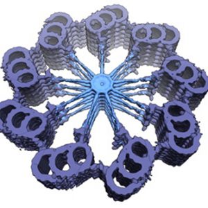 Slightly tilted cross-sectional 3D map of the proximal region of the centriole in Trichonympha ssp., illustrating the striking 9-fold radial symmetry of the organelle. The cartwheel structure with stacks of SAS-6-bearing rings is visible in light blue, the more peripheral pinhead element in dark blue. The most peripheral microtubule triplets and the A-C linker connecting are shown in purple. The cross-sectional diameter is ~250 nm. See Guichard et al., 2013. © EPFL - Gönczy Lab