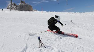 Skier equipped with inertial sensors & timing system
