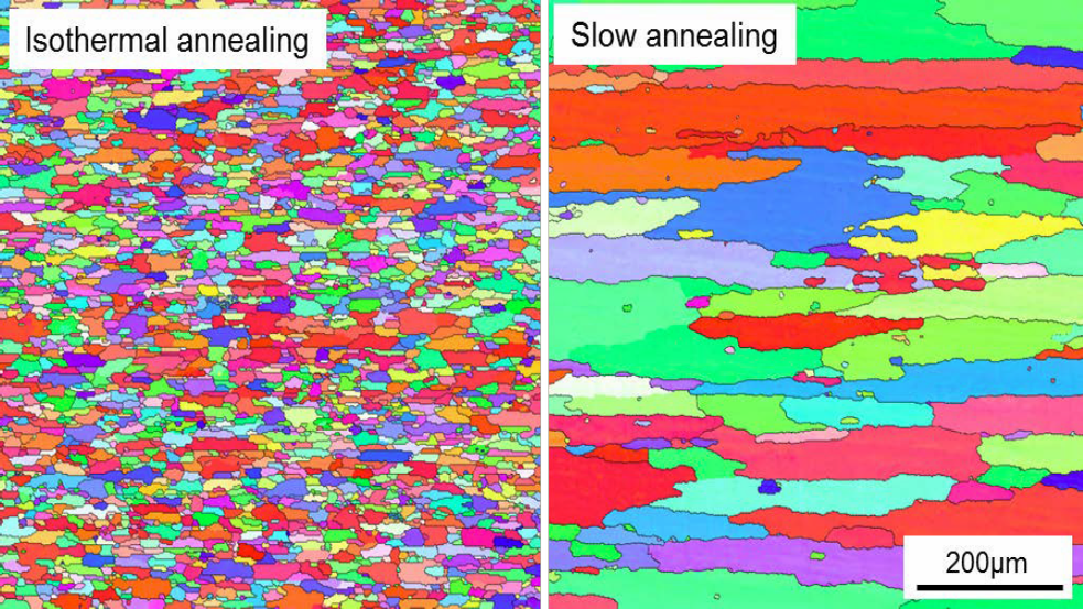 EBSD maps of different microstructures obtained from the same deformed AA3xxx samples