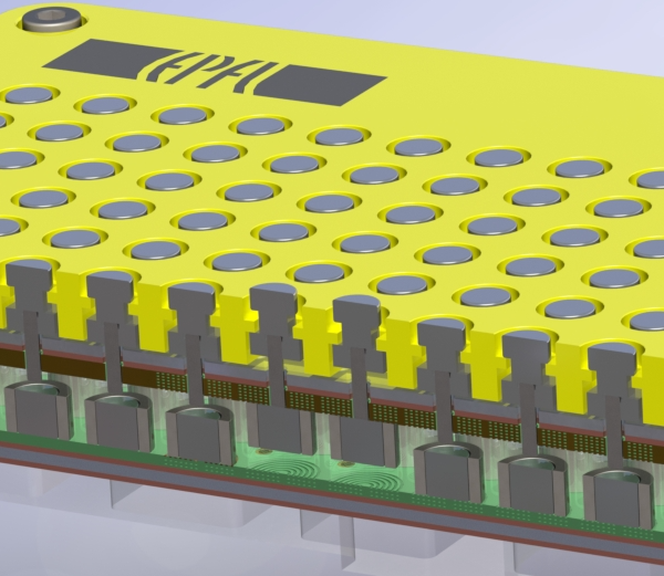 3D cross-section of haptic display, showing PCBs, shielded magnets, and top pin layer