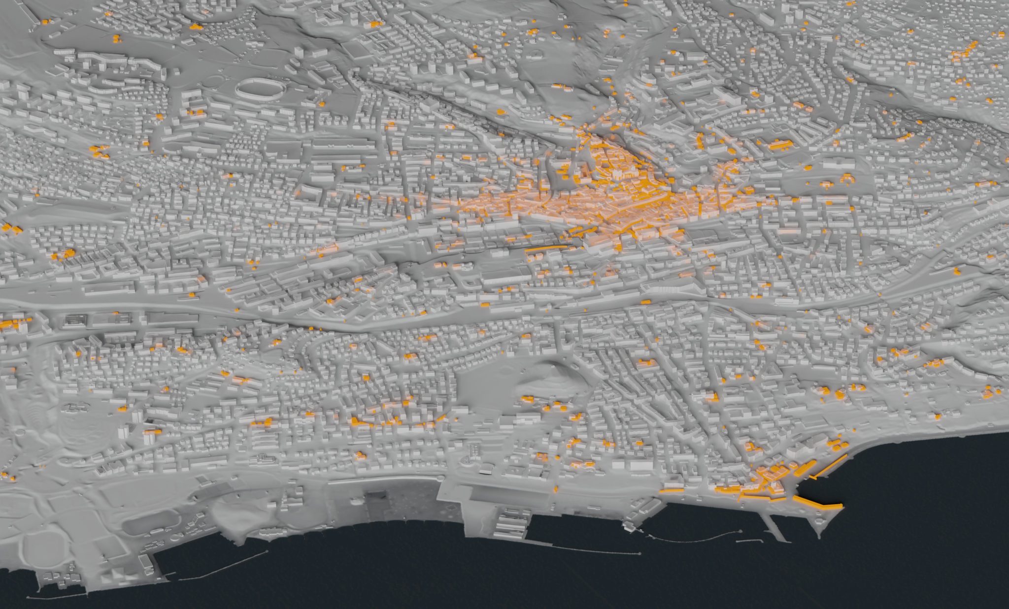 Overlay between the current 3D city plan (white) and the 3D reconstruction from the 1831 cadastre (orange).