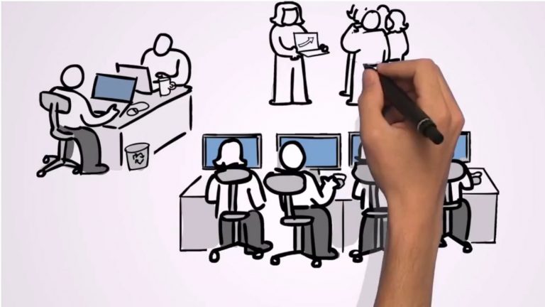 Hand drawing people working behind screens and a group of people standing and talking together