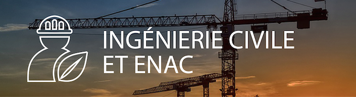 Une grue devant un coucher de soleil, avec le titre "Ingénierie civile et ENAC" en premier plan.