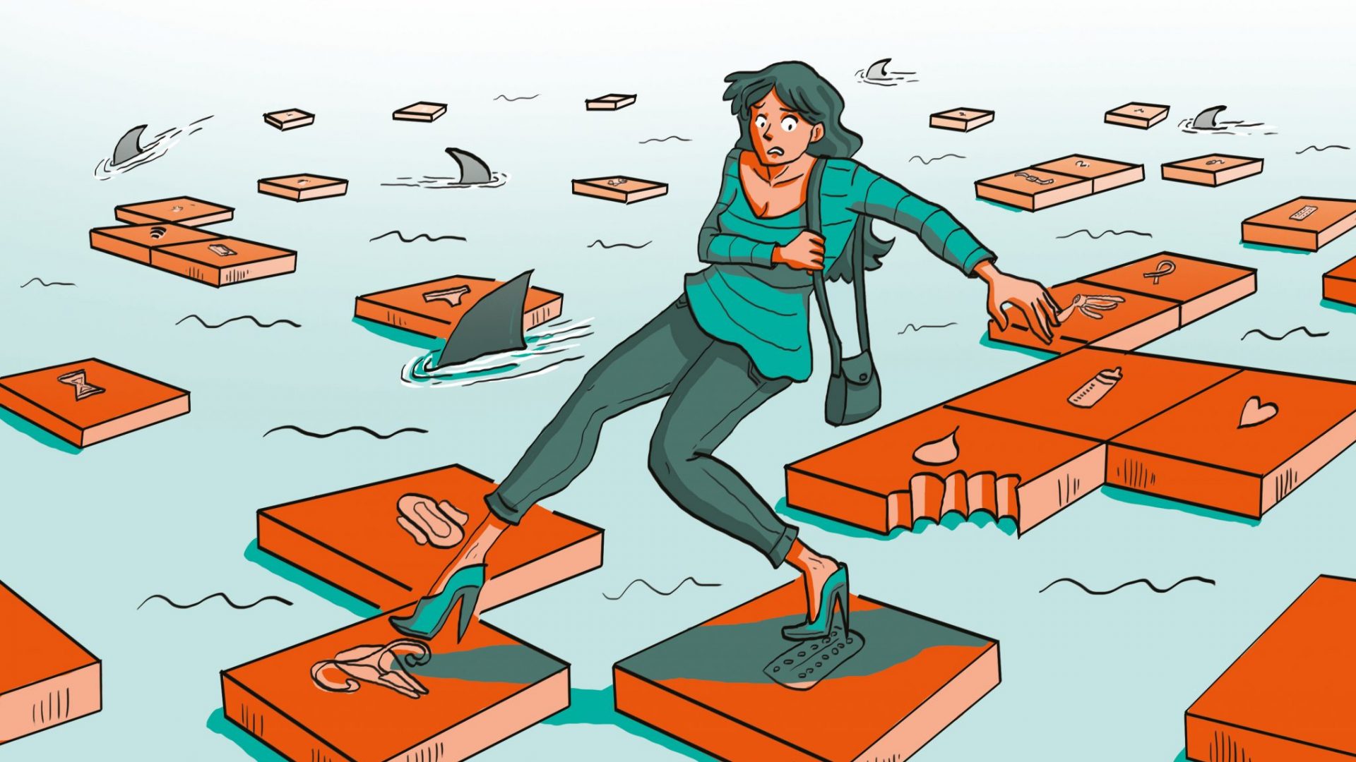 Un dessin d'une femme marchant sur des tuiles posées sur une mer de requins © Elyn