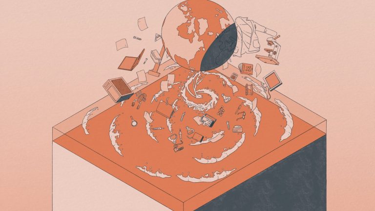 Une illustration représentant une multitude d'objets scientifiques (microscope, livres, fioles, règle en T...) gravitant autour d'un globe terrestre © Mathias Hängärtner
