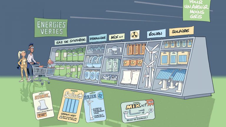 Un ménage de trois personnes dans un supermarché. Sur les rayons, des bombonnes de gaz de synthèse, des robinets, des mini-centrales nucléaires, des petites éoliennes, ou encore des panneaux solaires © Eric Buche / EPFL 2024