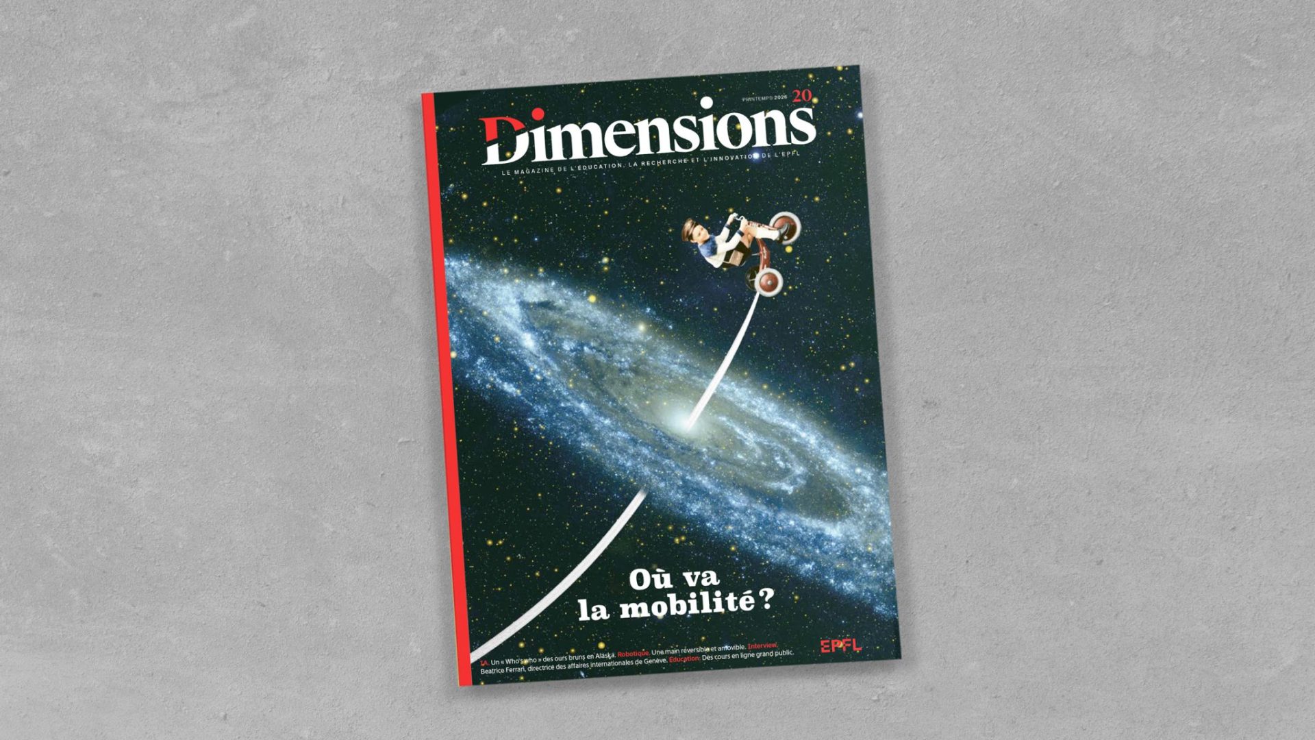 Couverture du numéro 20 du magazine Dimensions. Un enfant sur un tricycle traversant une galaxie © EPFL / Plonk & Replonk