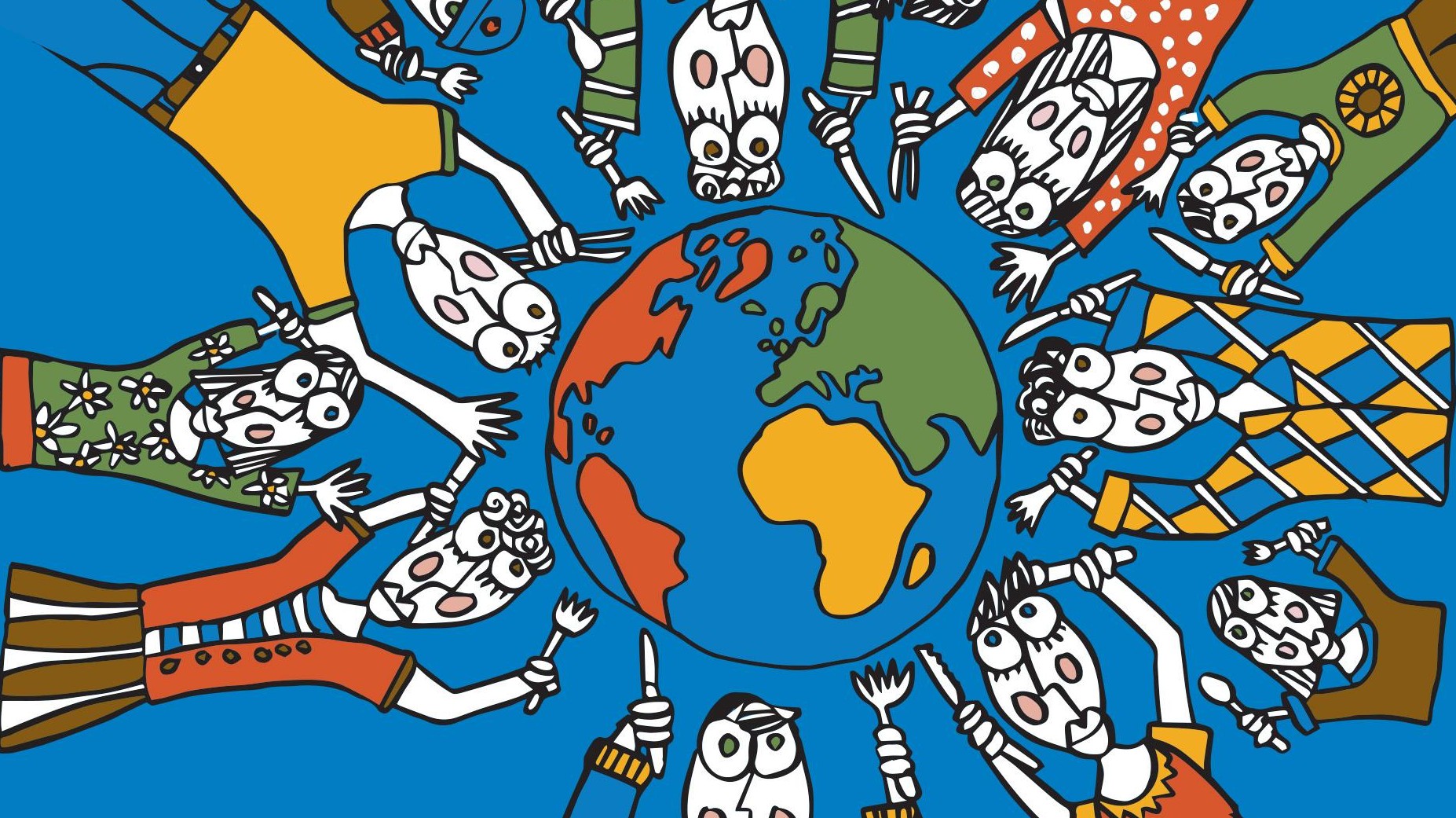 Dessin avec des personnages tenant des services de cuisine dans leur main. Au centre de l'image, un globe terrestre © Albin Christen